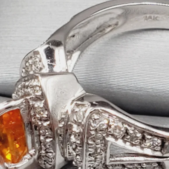 14k Solid White Gold Pear Shaped Orange Spessartite Garnet & Diamond Halo Ring - Picture 7 of 9